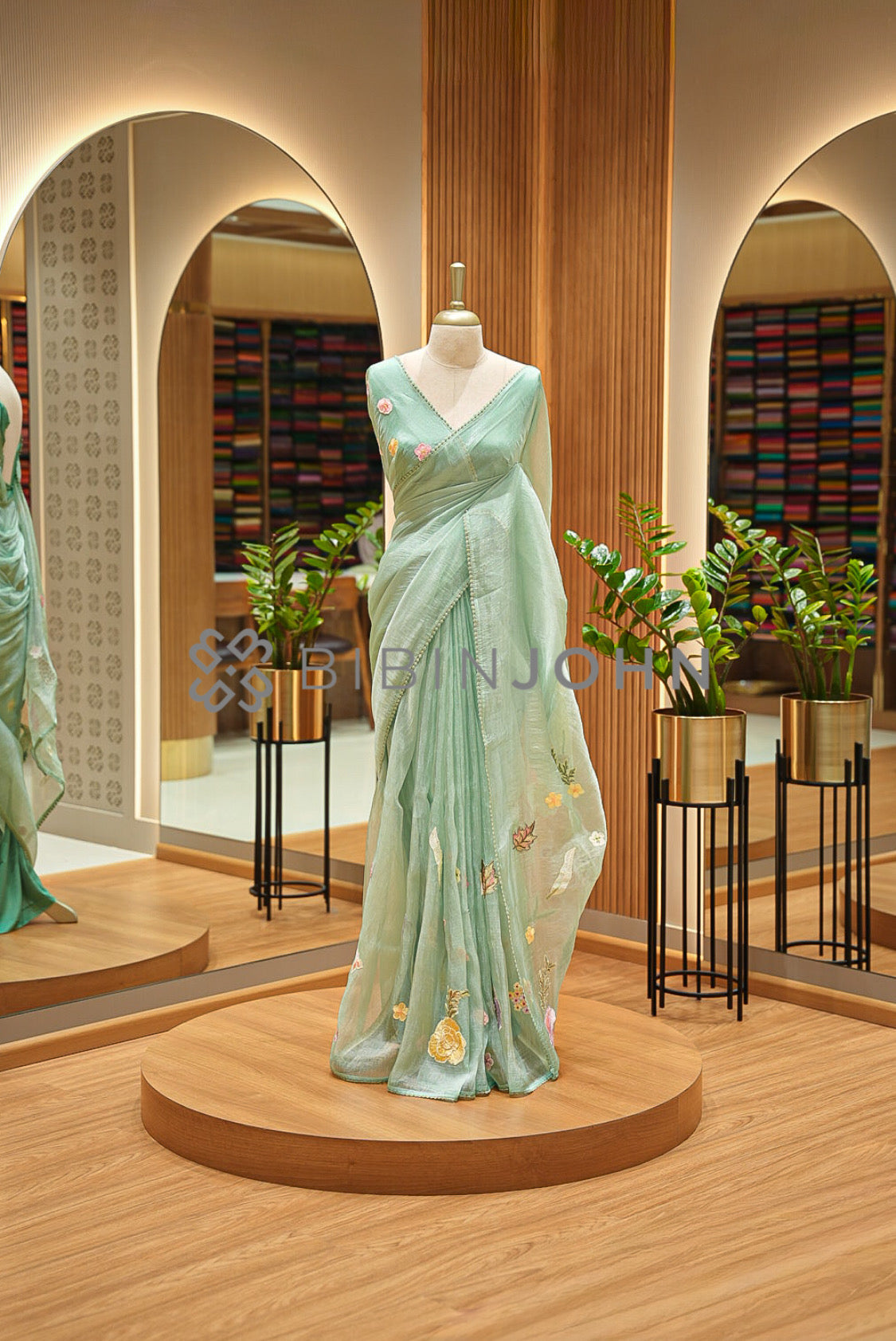 Tissue Organza Embroidery Saree For Women Mint Green
