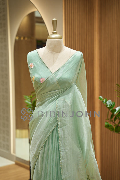 Tissue Organza Embroidery Saree For Women Mint Green CLOSE VIEW