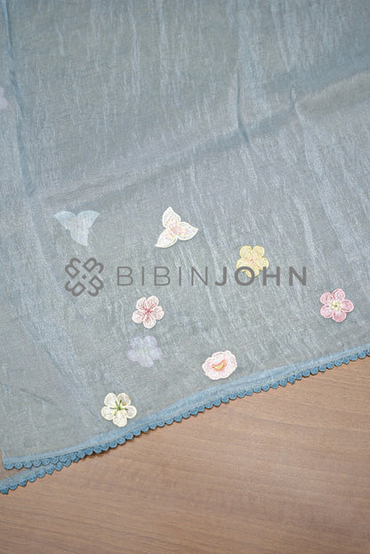 Tissue Organza Embroidery Saree For Women Powder Blue  BLOUSE PIECE
