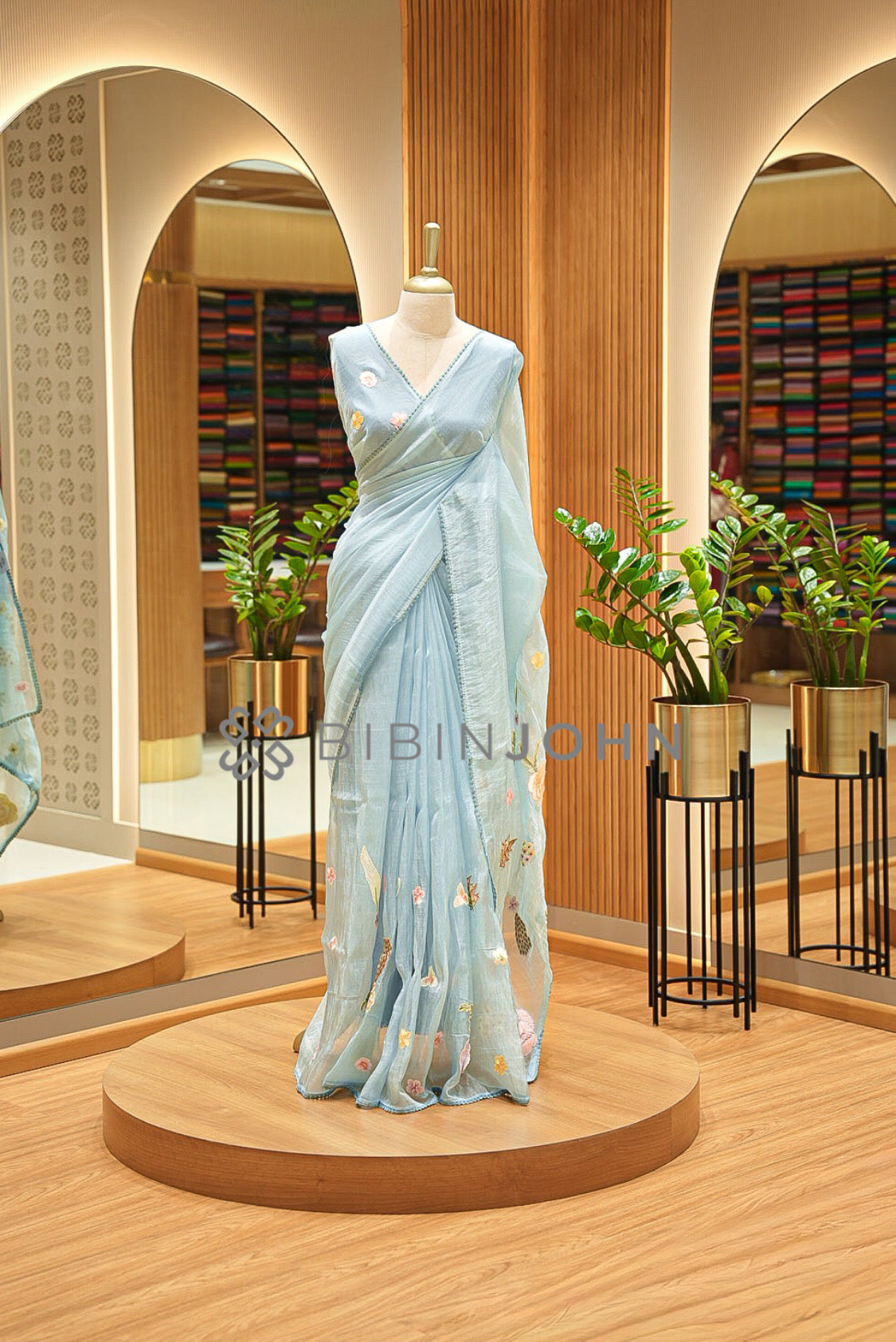 Tissue Organza Embroidery Saree For Women Powder Blue 