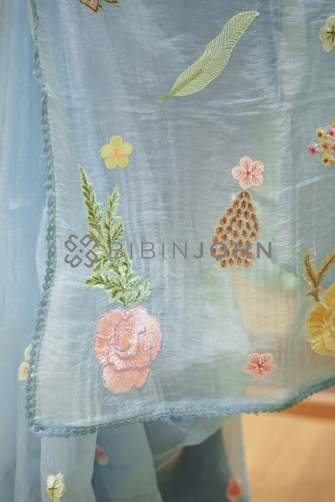 Tissue Organza Embroidery Saree For Women Powder Blue  PALLU