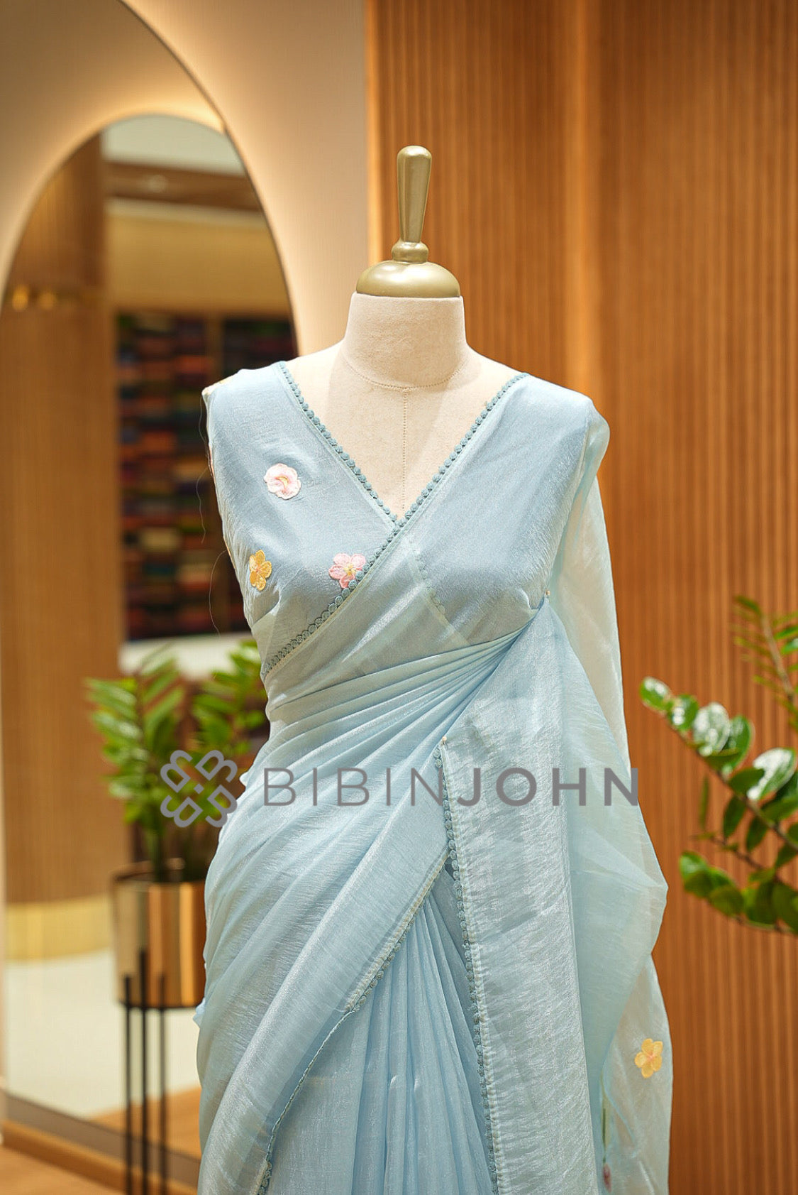 Tissue Organza Embroidery Saree For Women Powder Blue  CLOSE VIEW