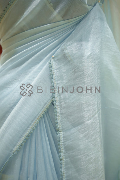Tissue Organza Embroidery Saree For Women Powder Blue  SIDE VIEW