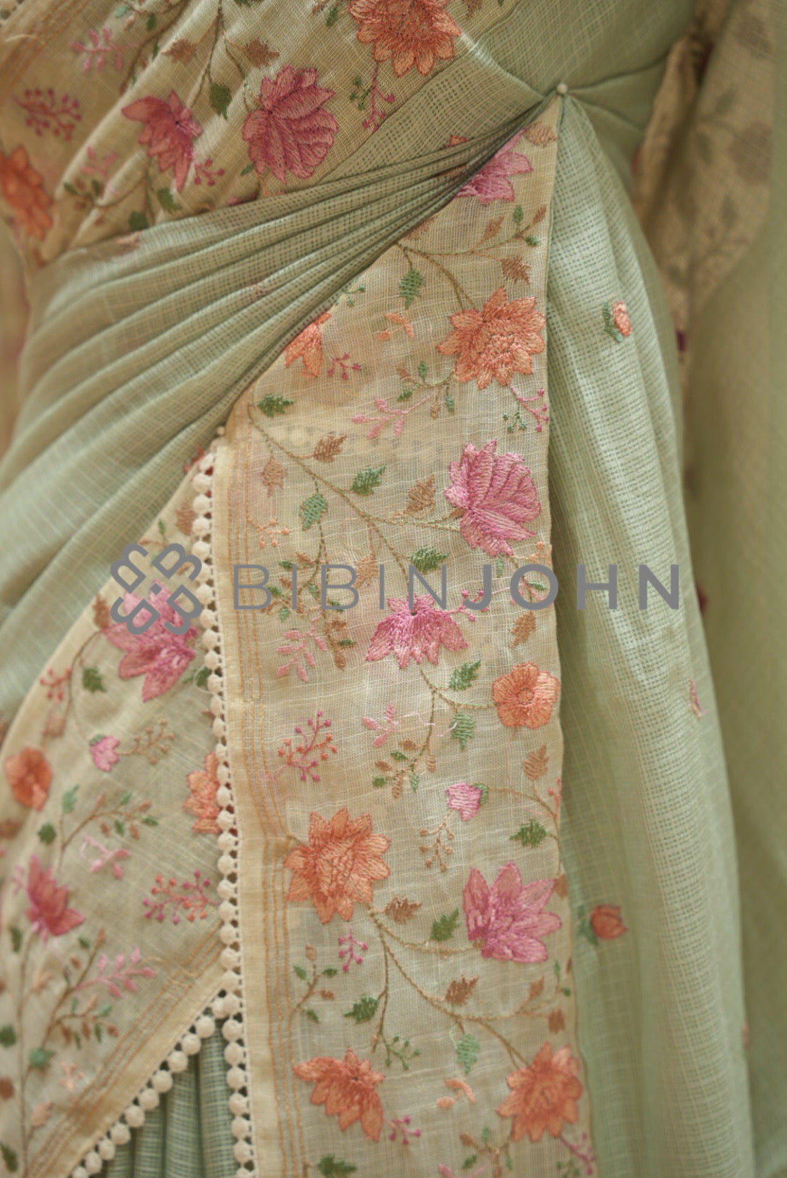 Cotta Embroidery Saree For Women Sage Green side view