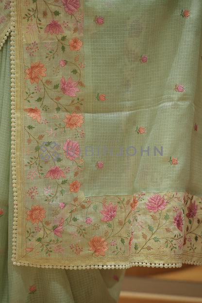 Cotta Embroidery Saree For Women Sage Green pallu