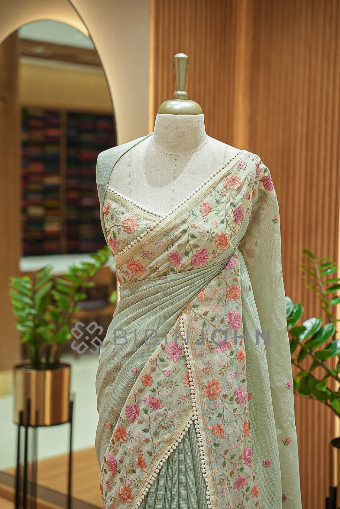 Cotta Embroidery Saree For Women Sage Green Close View