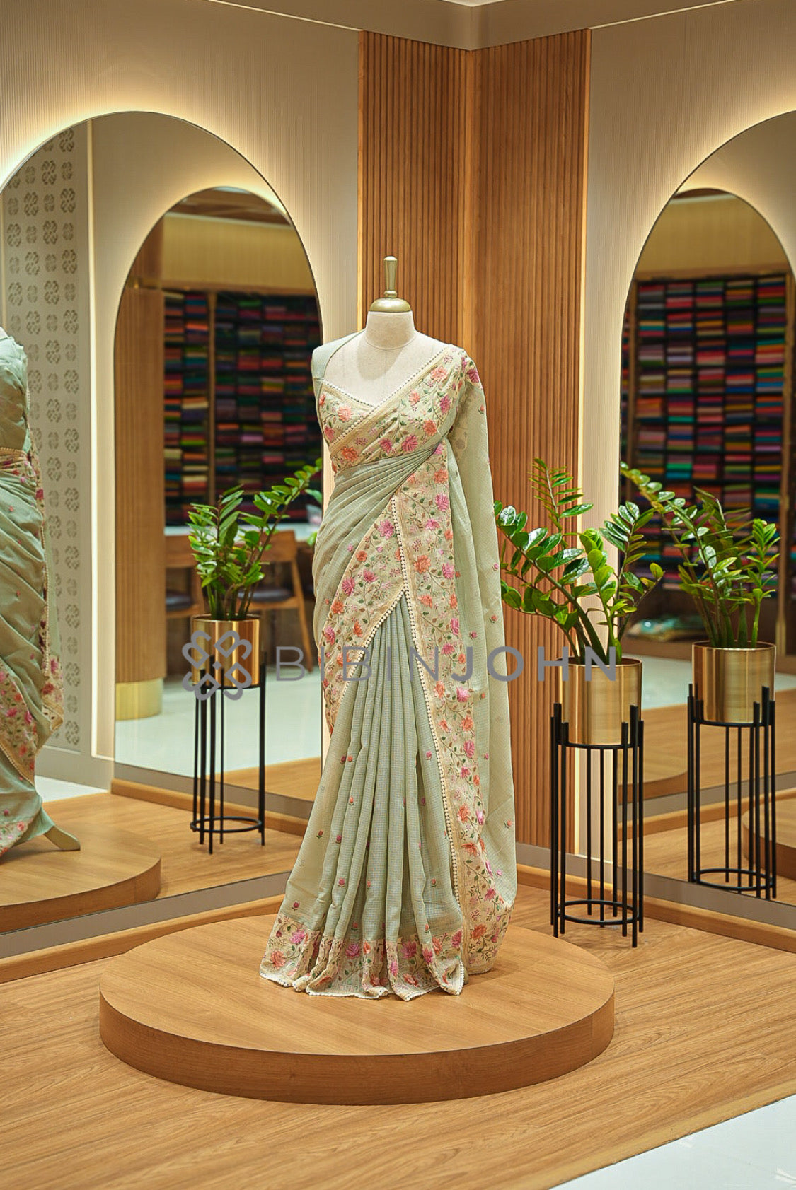 Cotta Embroidery Saree For Women Sage Green