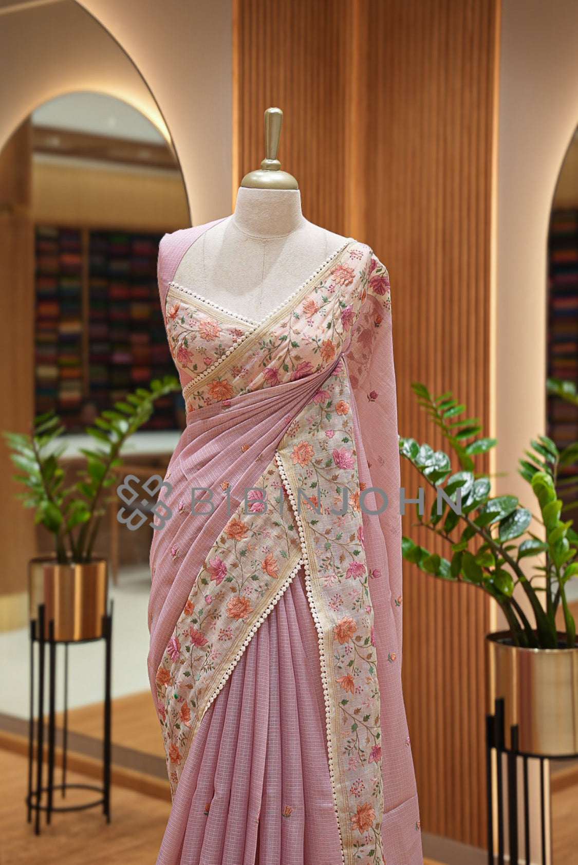 Cotta Embroidery Saree For Women Dusty Rose Pink  CLOSE VIEW