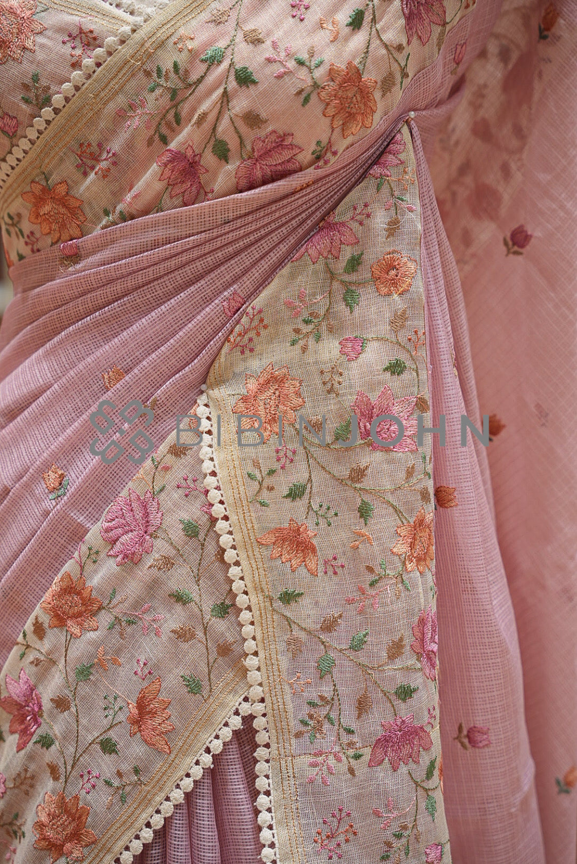 Cotta Embroidery Saree For Women Dusty Rose Pink  SIDE VIEW