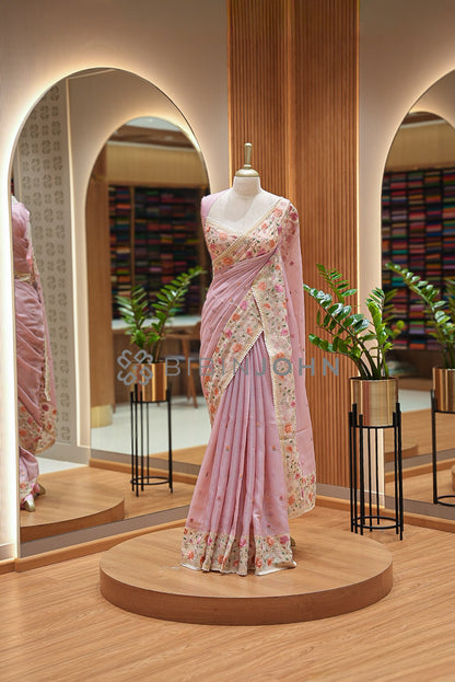 Cotta Embroidery Saree For Women Dusty Rose Pink 