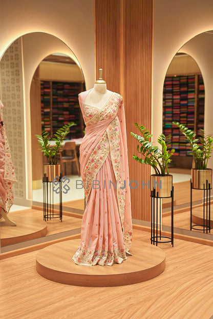 Cotta Embroidery Saree For Women Soft Peach 