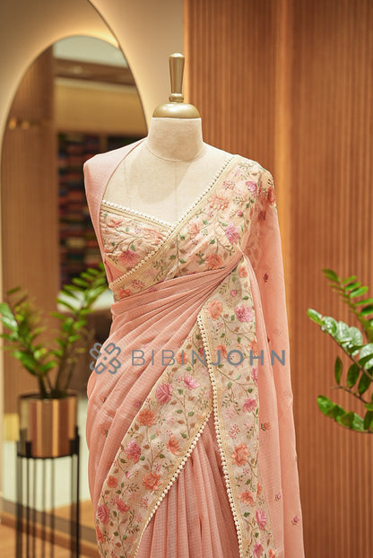 Cotta Embroidery Saree For Women Soft Peach  CLOSE VIEW