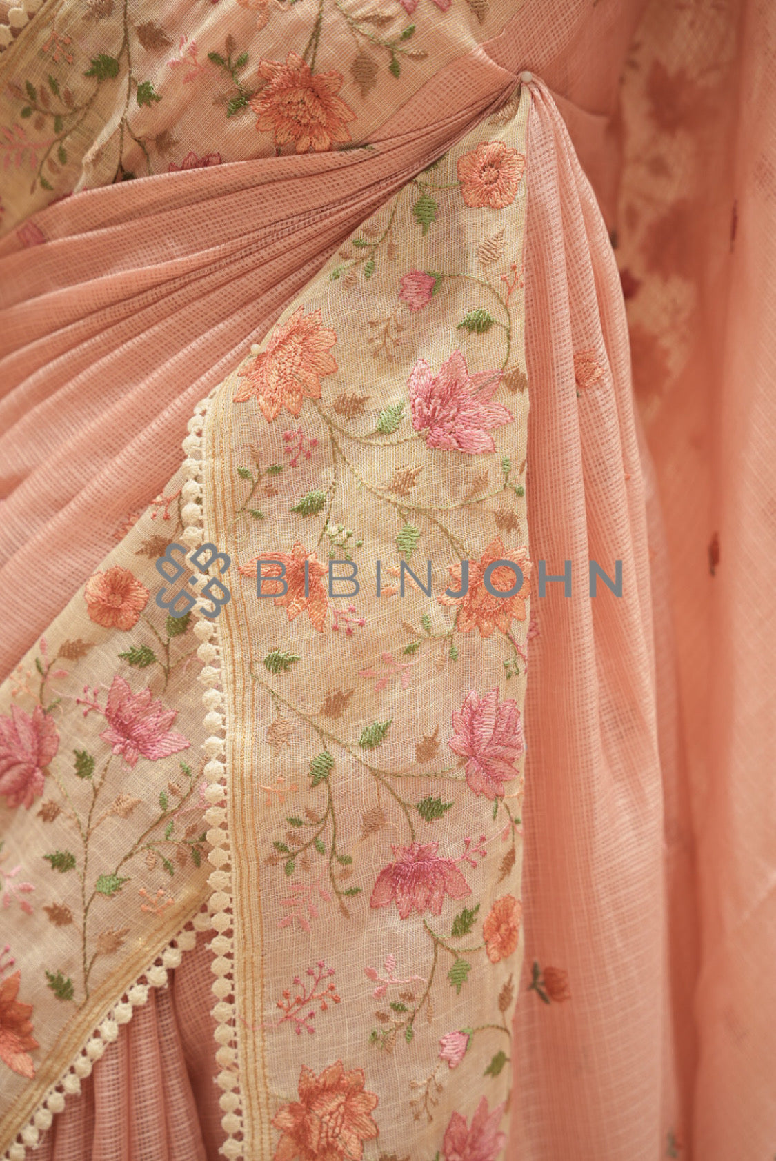 Cotta Embroidery Saree For Women Soft Peach  SIDE VIEW