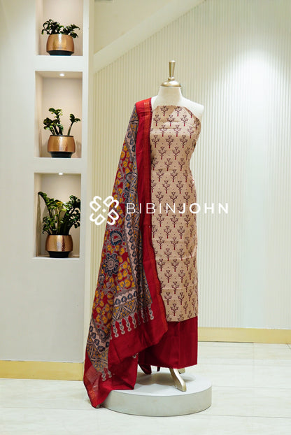 Printed Semi Silk Unstitched Salwar Suit Material Beige