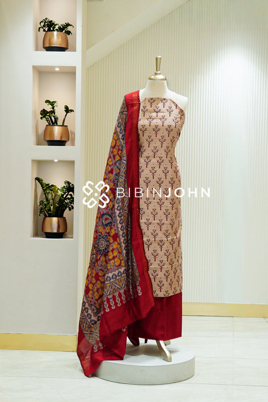 Printed Semi Silk Unstitched Salwar Suit Material Beige