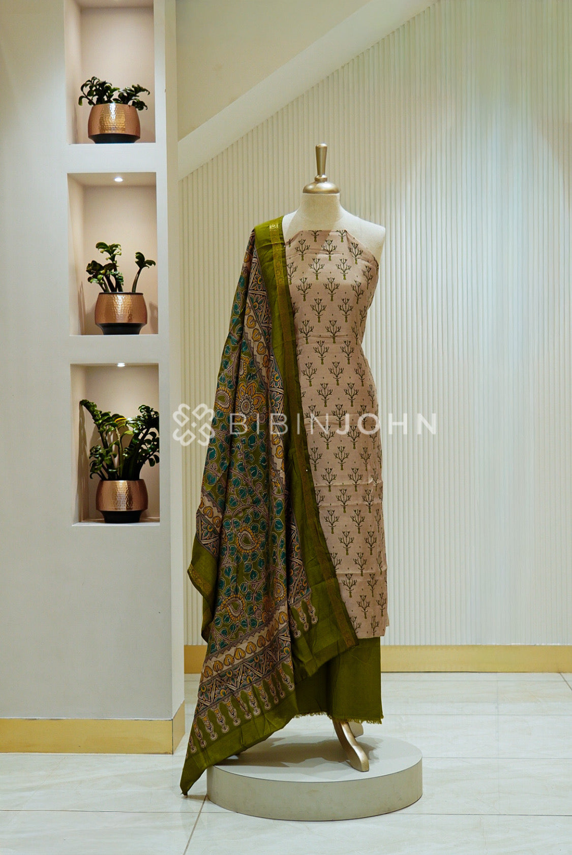 Printed Semi Silk Unstitched Salwar Suit Material Beige