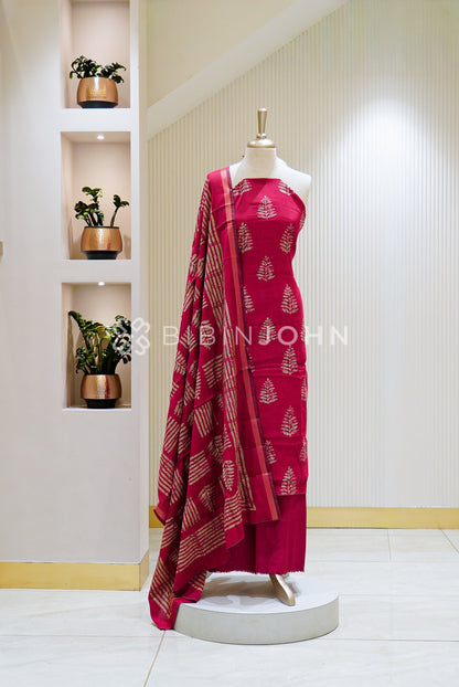 Printed Semi Silk Unstitched Salwar Suit Material  Rani Pink 