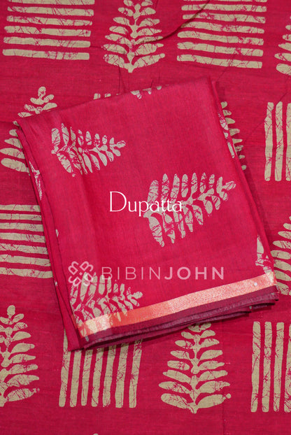 Printed Semi Silk Unstitched Salwar Suit Material  Rani Pink  DUPATTA