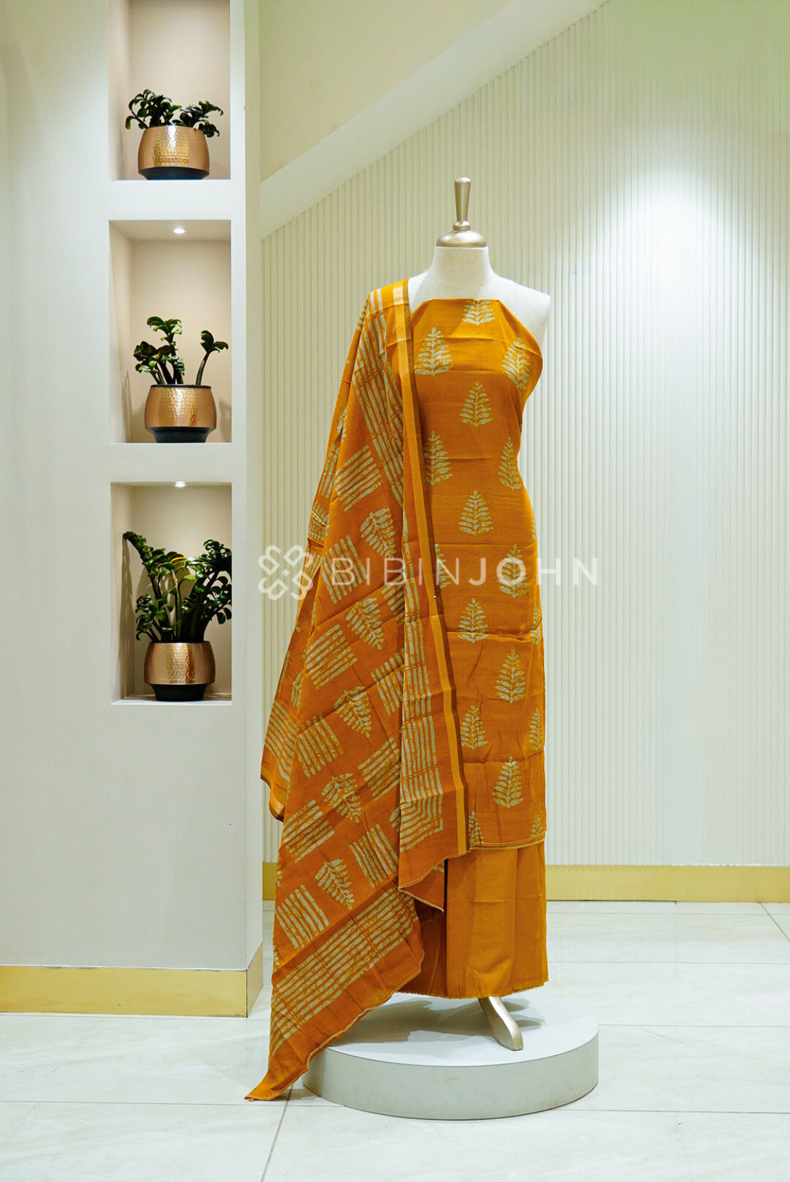Printed Semi Silk Unstitched Salwar Suit Material Mustard Gold