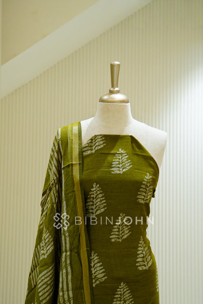 Printed Semi Silk Unstitched Salwar Suit Material Olive Green  CLOSE VIEW