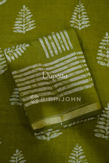 Printed Semi Silk Unstitched Salwar Suit Material Olive Green DUPATTA