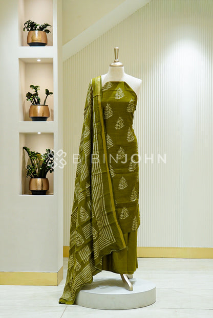 Printed Semi Silk Unstitched Salwar Suit Material Olive Green 