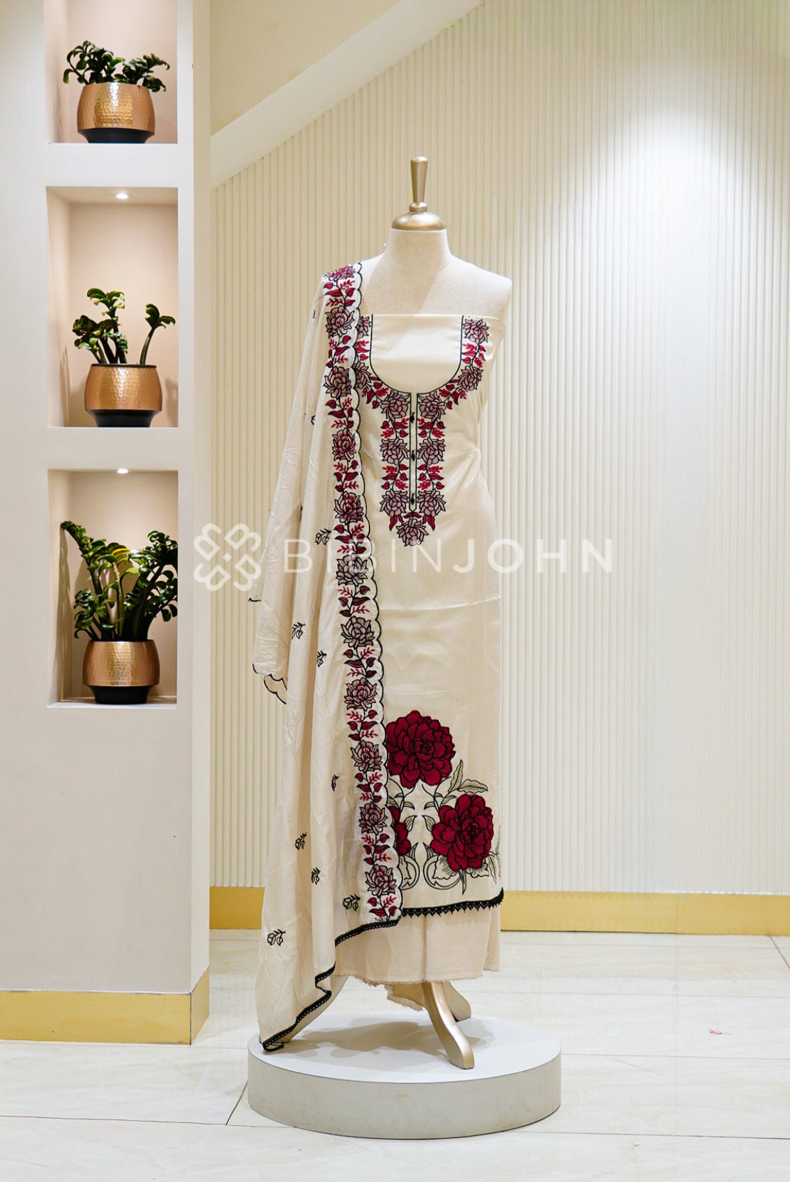 Velvet Organza Embroidery Unstitched Salwar Suit Material Off White 