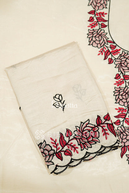 Velvet Organza Embroidery Unstitched Salwar Suit Material Off White  dupatta