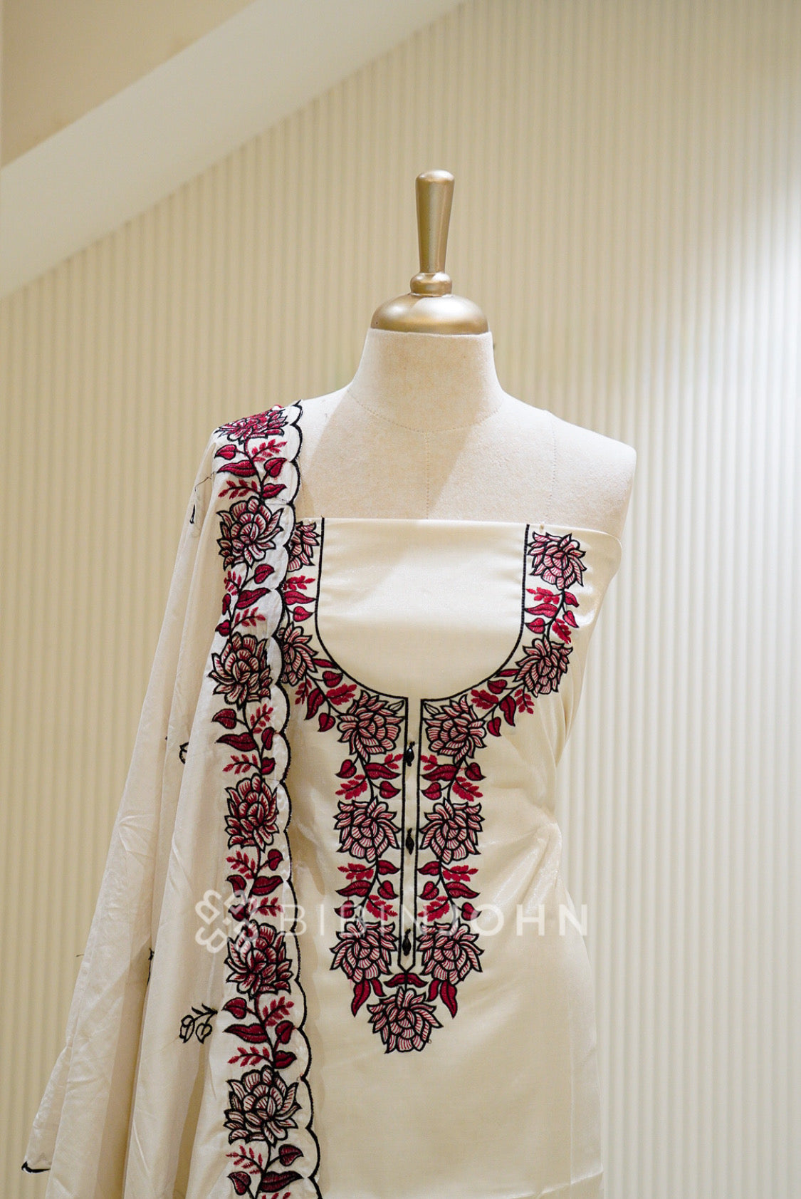 Velvet Organza Embroidery Unstitched Salwar Suit Material Off White  close view