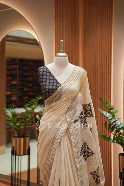 Tissue Linen Applique Saree For Women Ivory Beige close view