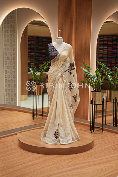 Tissue Linen Applique Saree For Women Ivory Beige