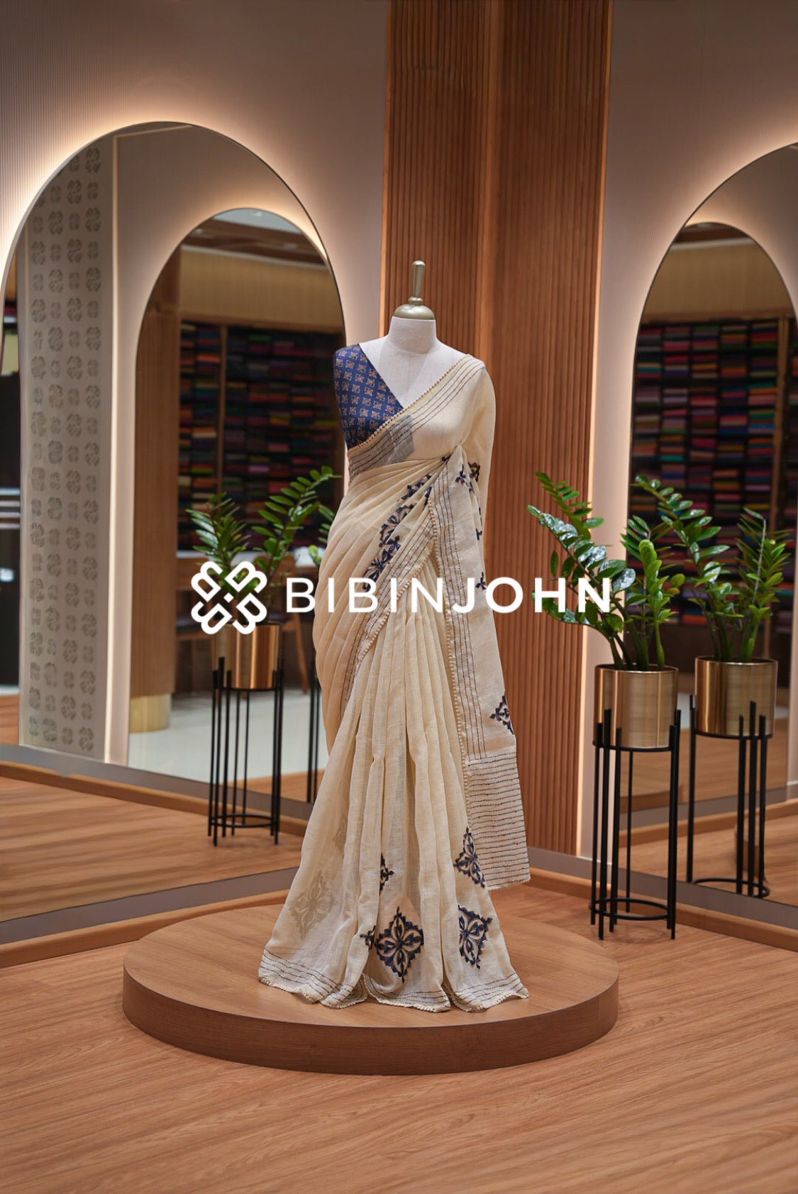 Tissue Linen Applique Saree For Women Ivory Beige