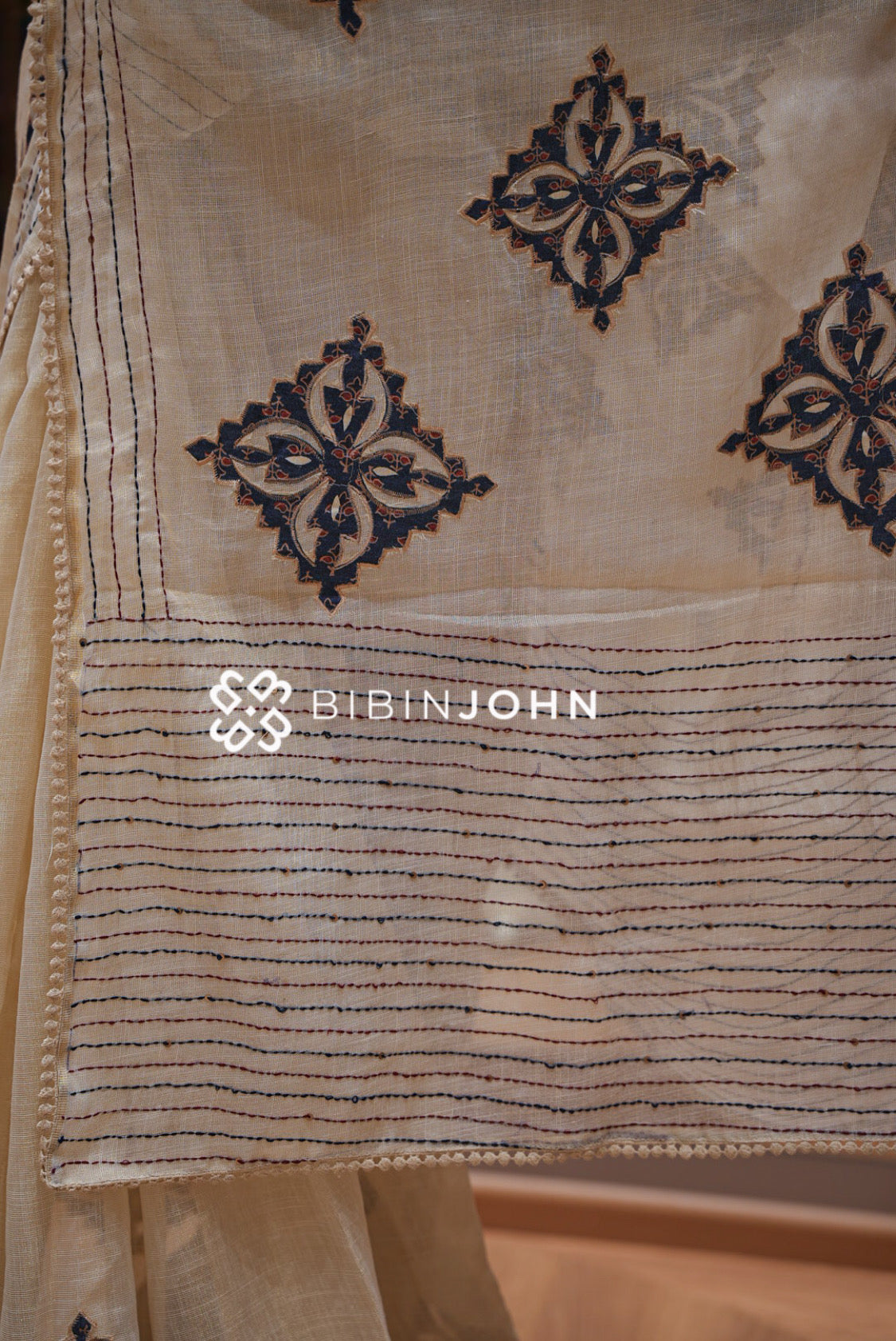 Tissue Linen Applique Saree For Women Ivory Beige PALLU