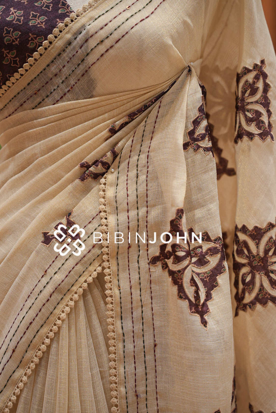 Tissue Linen Applique Saree For Women Ivory Beige SIDE VIEW