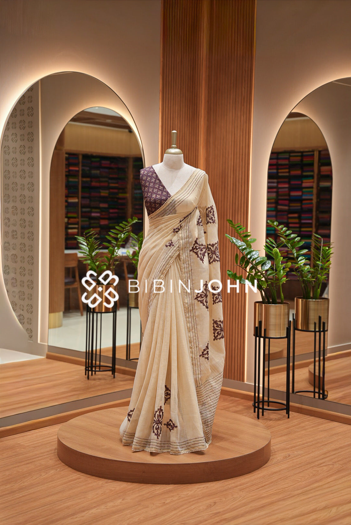 Tissue Linen Applique Saree For Women Ivory Beige