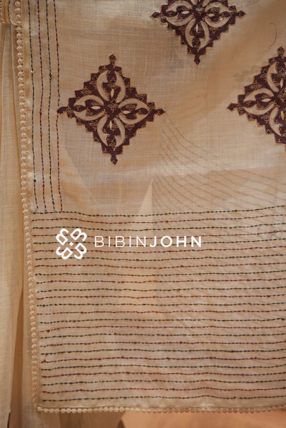 Tissue Linen Applique Saree For Women Ivory Beige PALLU