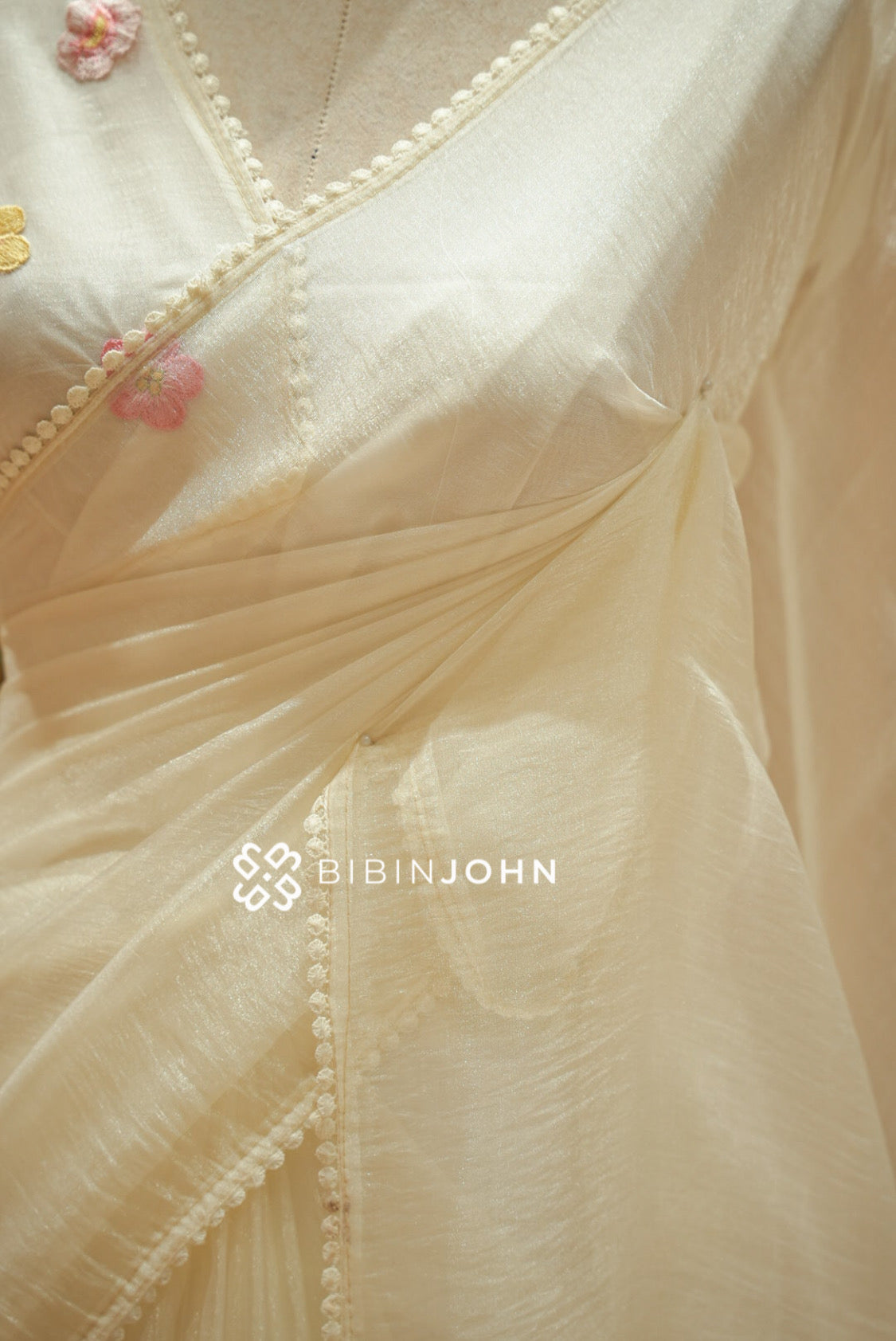 Tissue Organza Embroidery Saree For Women Ivory Cream side view
