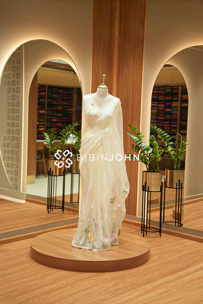 Tissue Organza Embroidery Saree For Women Ivory Cream