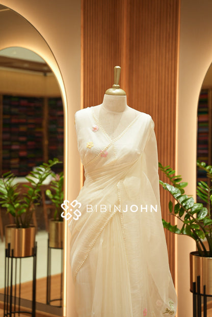 Tissue Organza Embroidery Saree For Women Ivory Cream close view