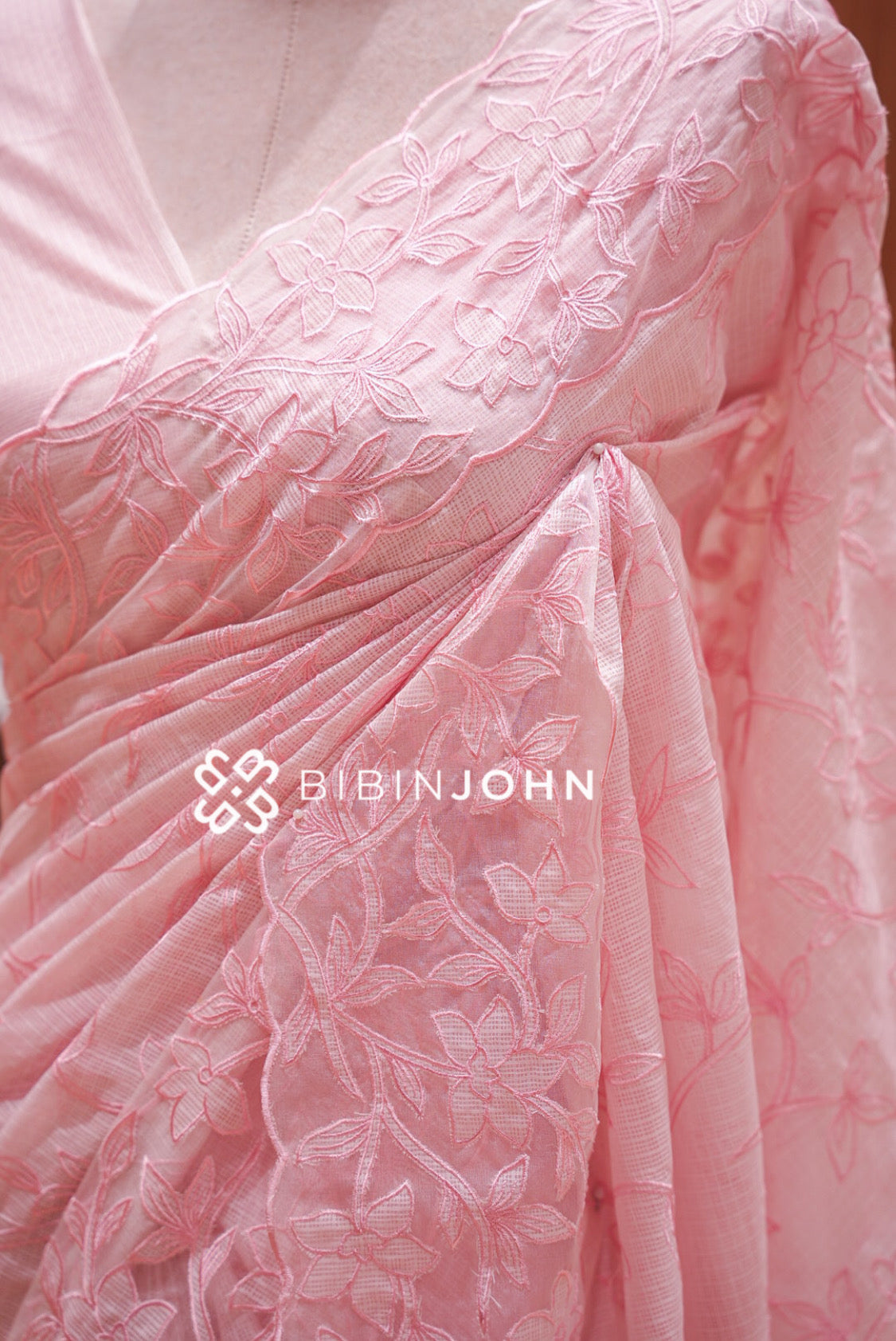 Cotta Embroidery Saree For Women Blush Pink  side view
