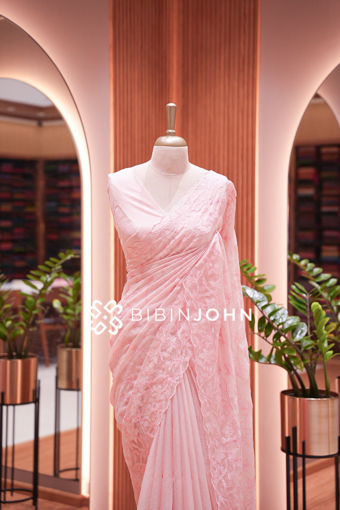 Cotta Embroidery Saree For Women Blush Pink  close view