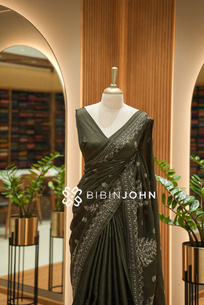 Cotta Embroidery Saree For Women Deep Olive Green CLOSE VIEW