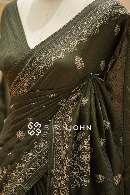 Cotta Embroidery Saree For Women Deep Olive Green SIDE VIEW