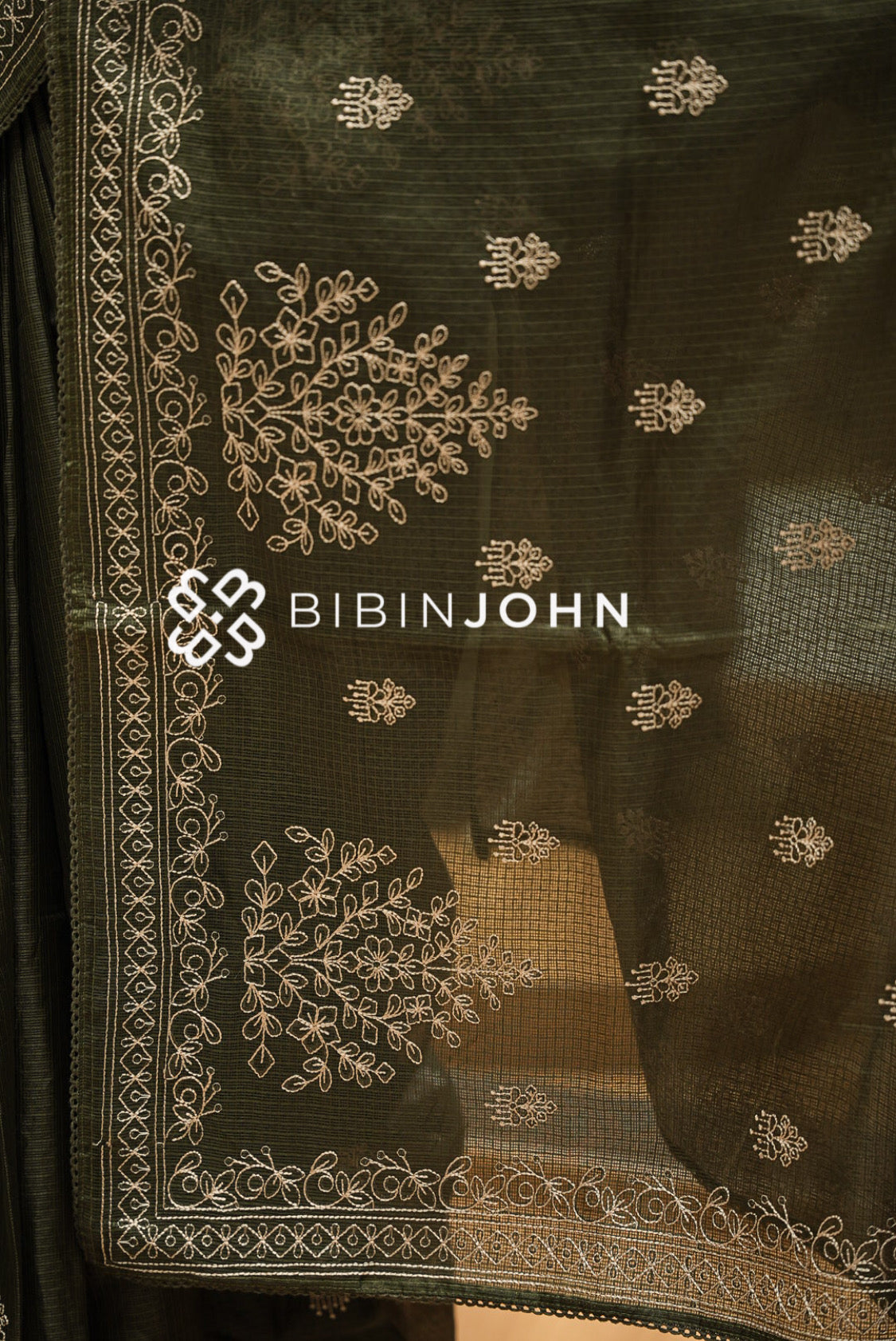 Cotta Embroidery Saree For Women Deep Olive Green PALLU