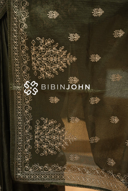 Cotta Embroidery Saree For Women Deep Olive Green PALLU