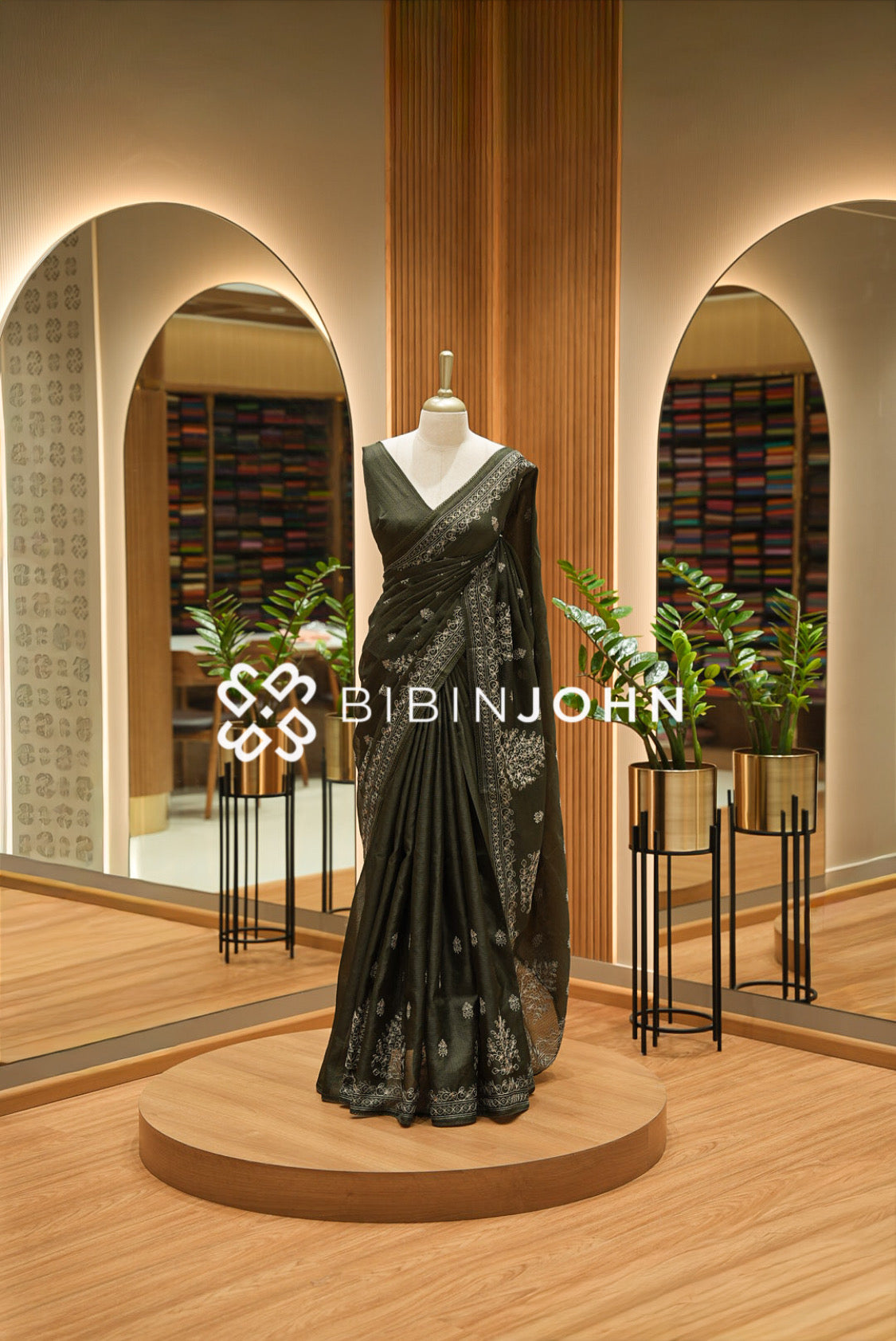 Cotta Embroidery Saree For Women Deep Olive Green