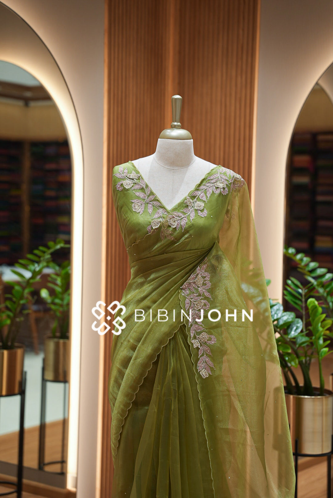 Tissue Organza Embroidery Saree For Women Olive Green CLOSE VIEW