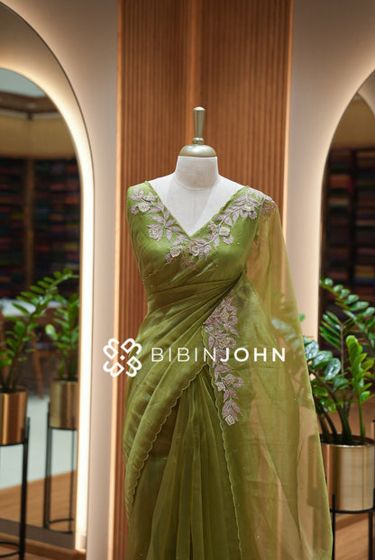 Tissue Organza Embroidery Saree For Women Olive Green CLOSE VIEW