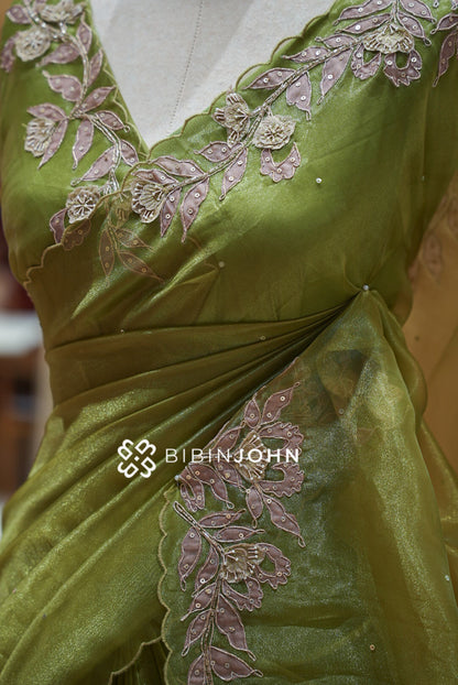Tissue Organza Embroidery Saree For Women Olive Green SIDE VIEW