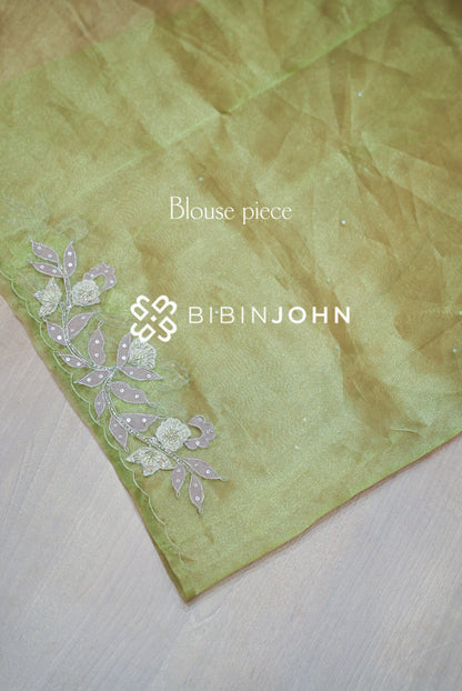 Tissue Organza Embroidery Saree For Women Olive Green BLOUSE PIECE